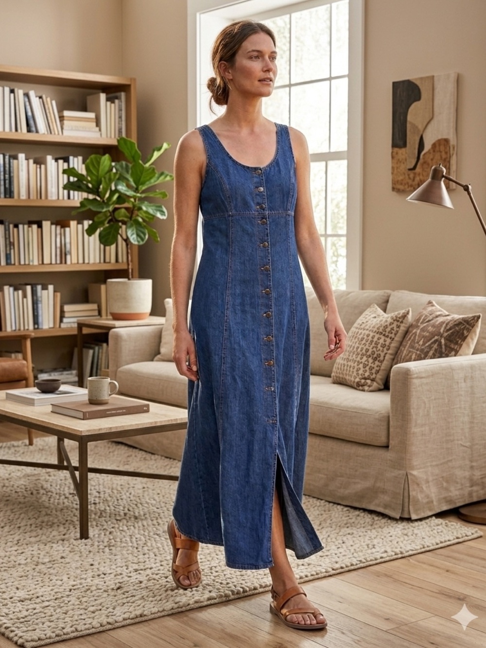 Nevada JEANSWEAR Sleeveless Button-Front Denim Maxi Dress - Dark Blue
Size 10